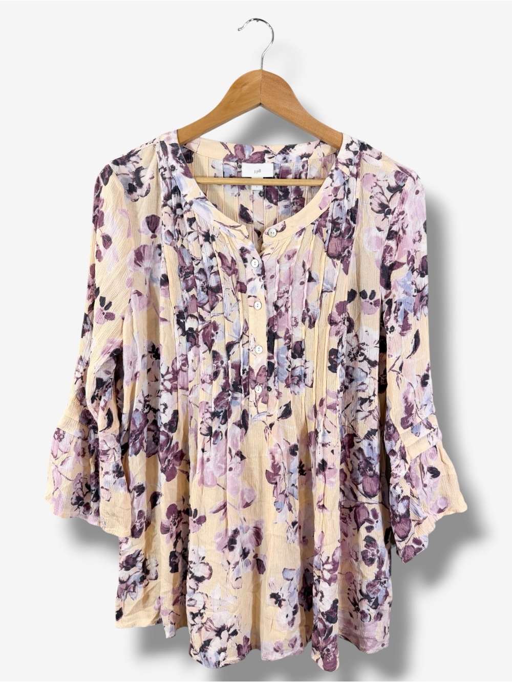 J. Jill Floral Print Gauze Tunic Size L Bell Ruffle Sleeve Peach Purple Pintuck